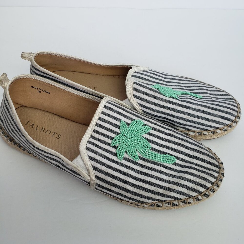 Talbots Izzy Nautical Beaded Palm Striped Canvas Espadrilles Flat Shoes - Picture 3 of 8